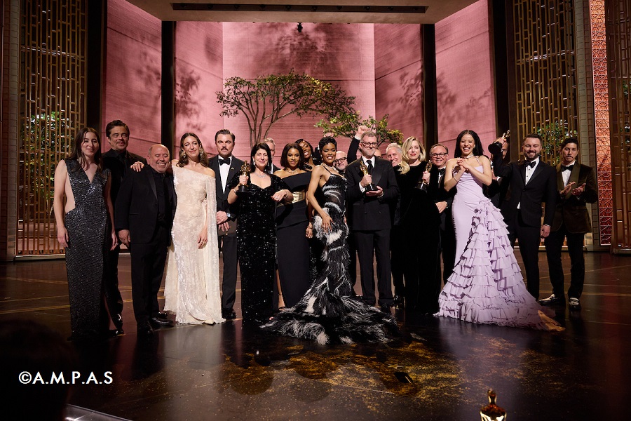 98th Oscars, Academy Awards The big winners (6 Oscars): 'One Battle After Another' - PT Anderson writer-adapter (centre holding) Best Picture